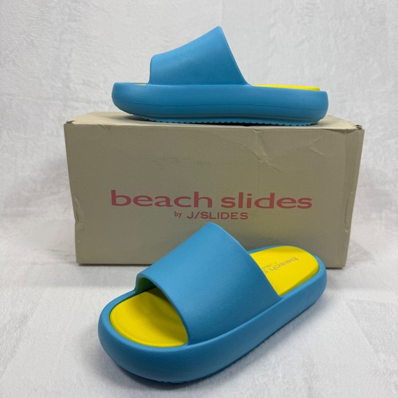J/Slides Beach Slides Turquoise Yellow EVA Squish‎ Sandals Comfort Size 7M - Picture 1 of 12